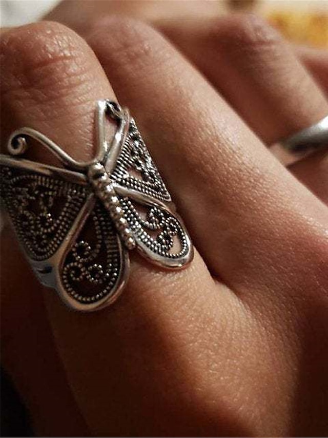 Women's Rings Filigree Butterfly Jewelry Fashion All-Match Opening Adjustable Ring (Silver) Retro Carved Big Trendy Wrap-Around Butterfly Rings Jewelry